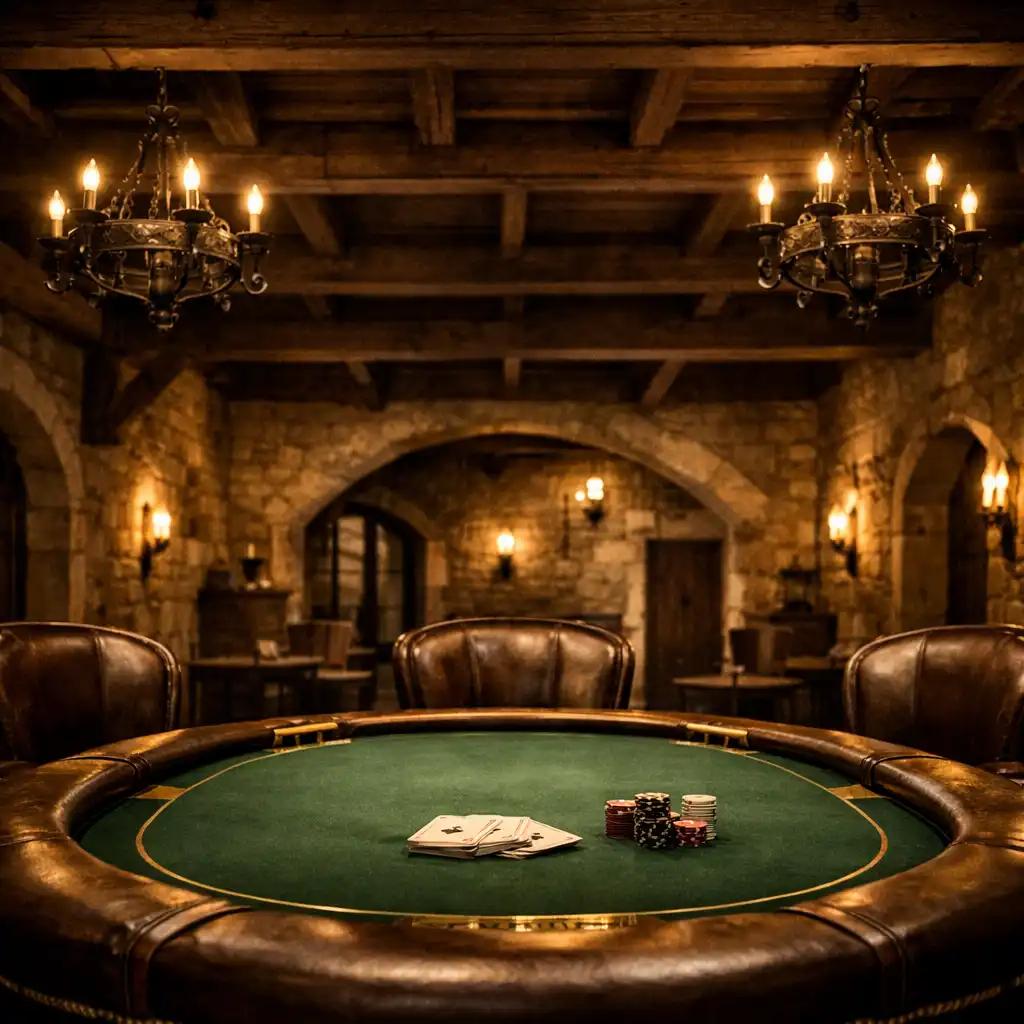 Interiér Card Lounge s pokerovým stolem, klenutými stropy a teplým osvětlením