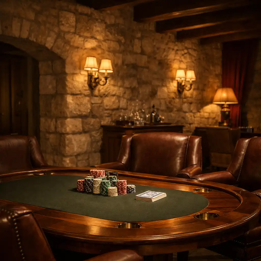 Klenutý strop a kamenné zdi Card Lounge s pokerovým stolem v pozadí
