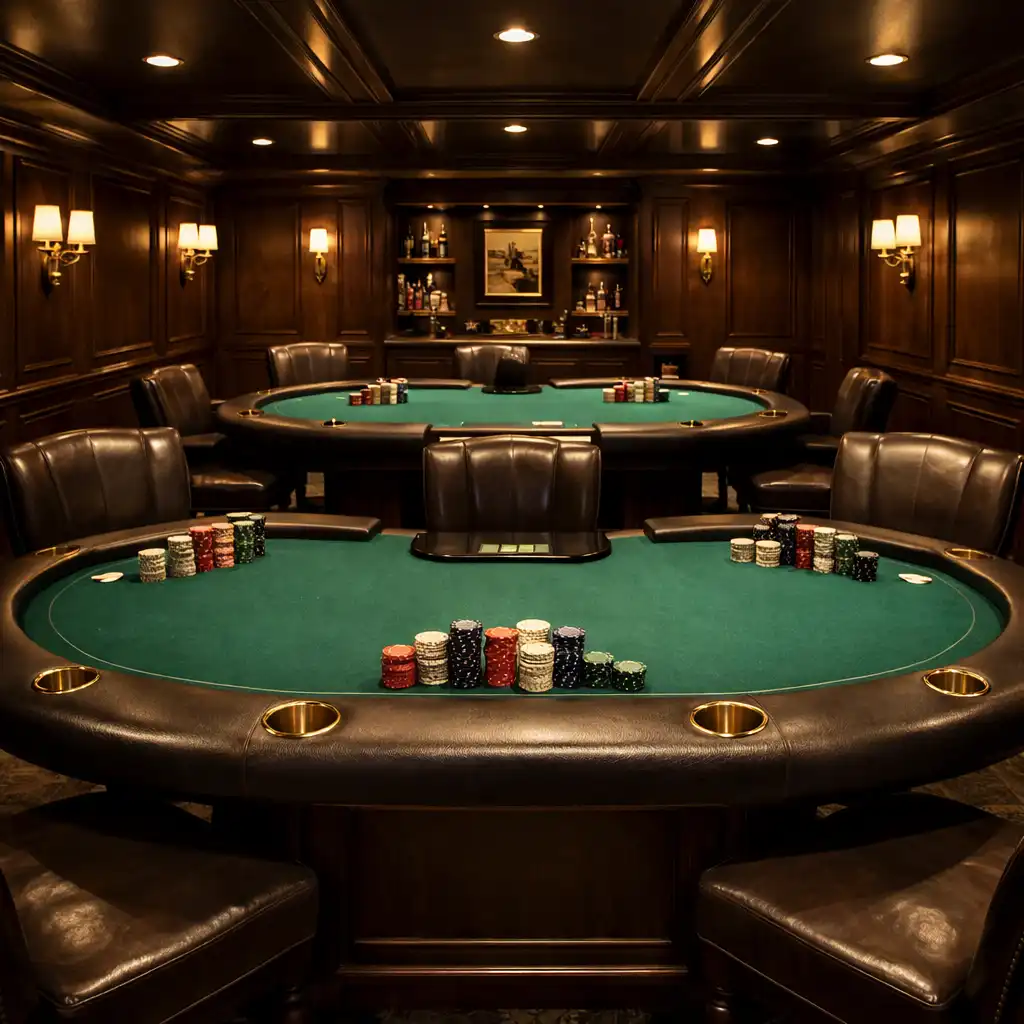 Intimní card lounge se čtyřmi pokerovými stoly a tmavým dřevěným obložením