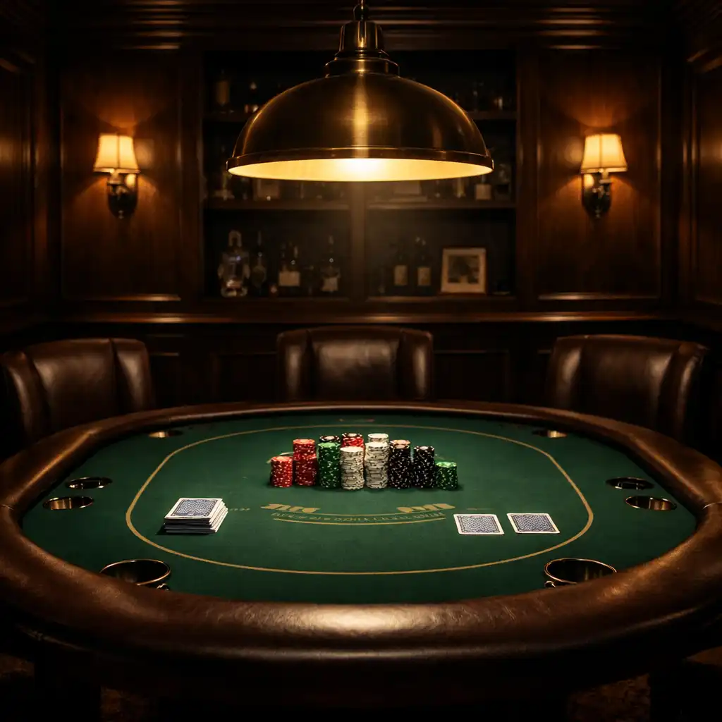 Card lounge s pokerovým stolem, žetony a kartami v teplém světle
