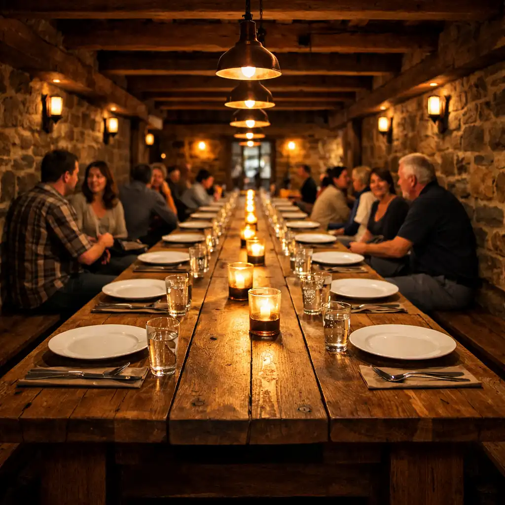 Dlouhý společný stůl v rustikální restauraci