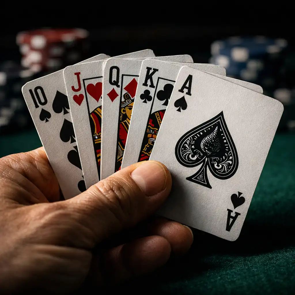 Detailní záběr na karty a žetony při pokerové hře