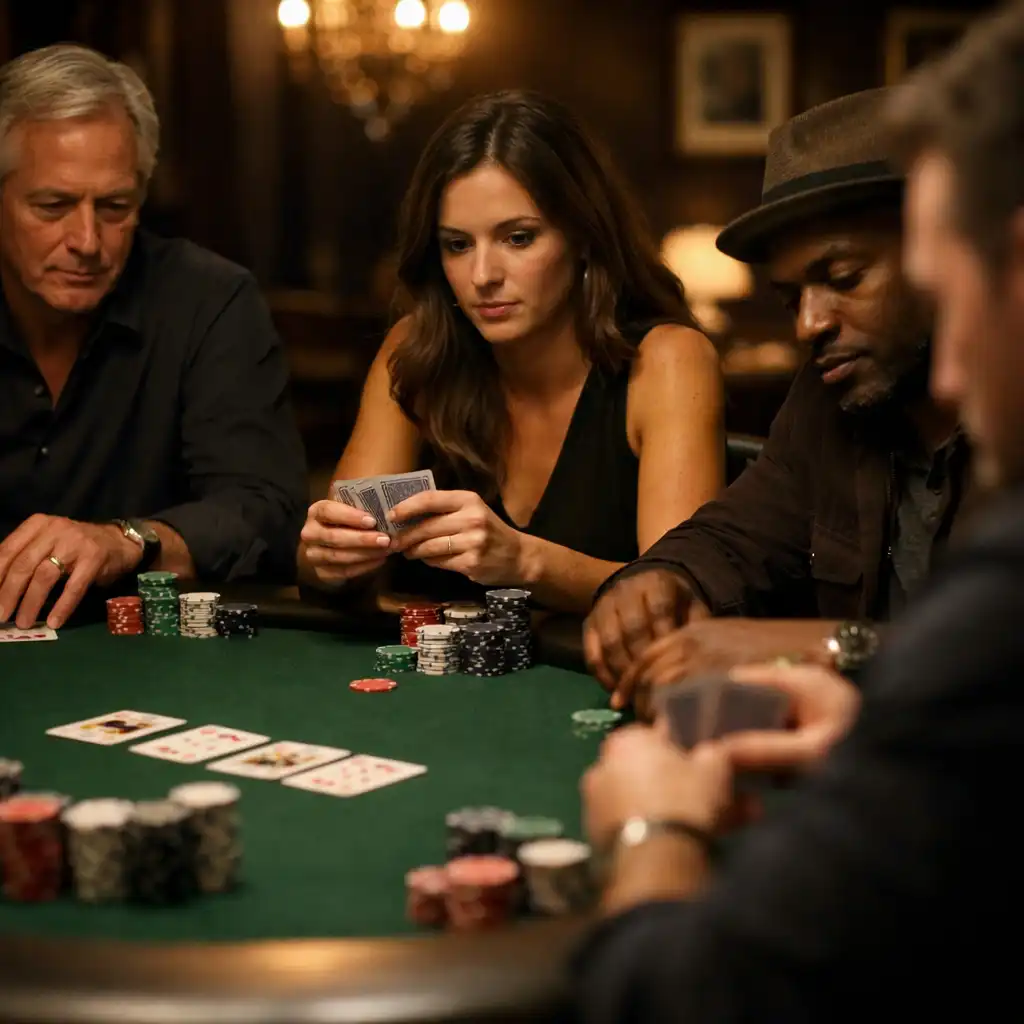 Hráči soustředění u pokerového stolu během večera