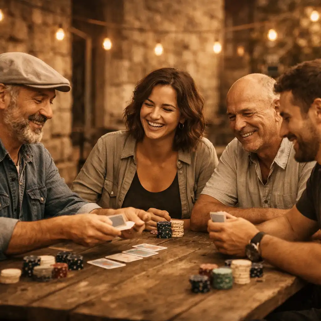Přátelská pokerová hra ve společnosti u stolu v historickém prostředí