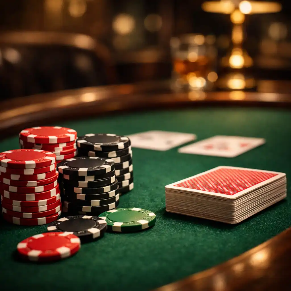 Detail pokerového stolu s žetony a kartami v card lounge