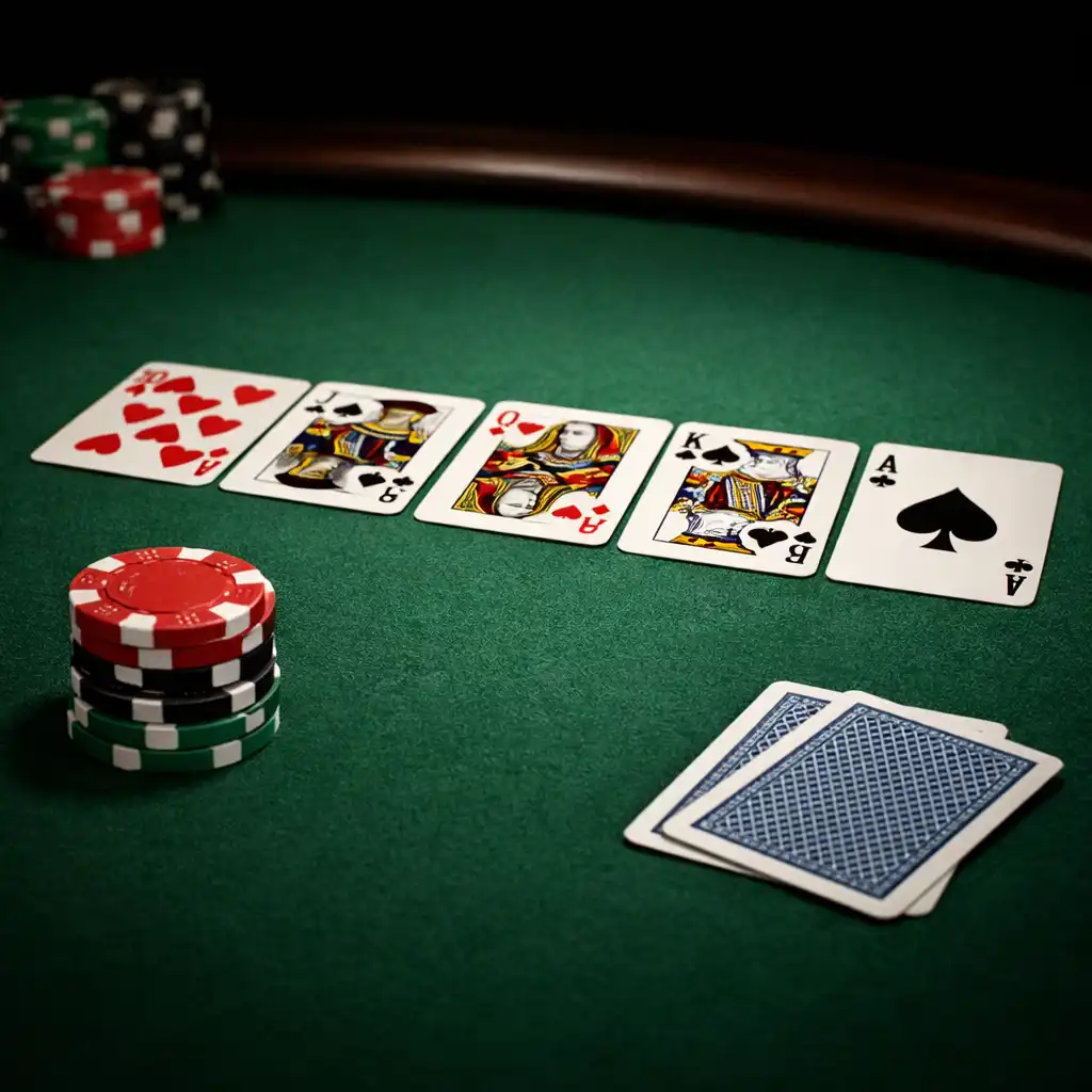 Pokerový stůl s kartami a žetony v card lounge