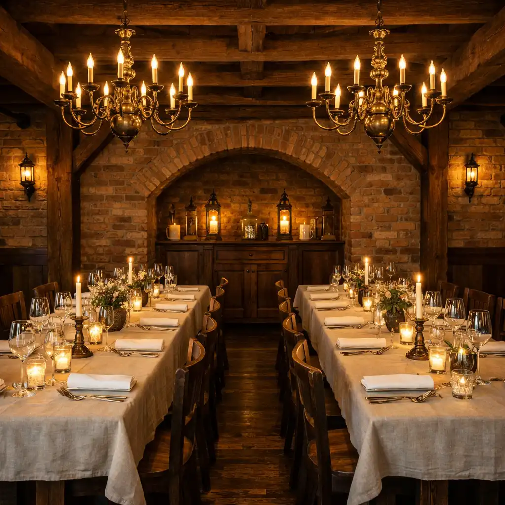 Elegantní restaurace Hostinského Dvora s dřevěnými trámy a prostřenými stoly