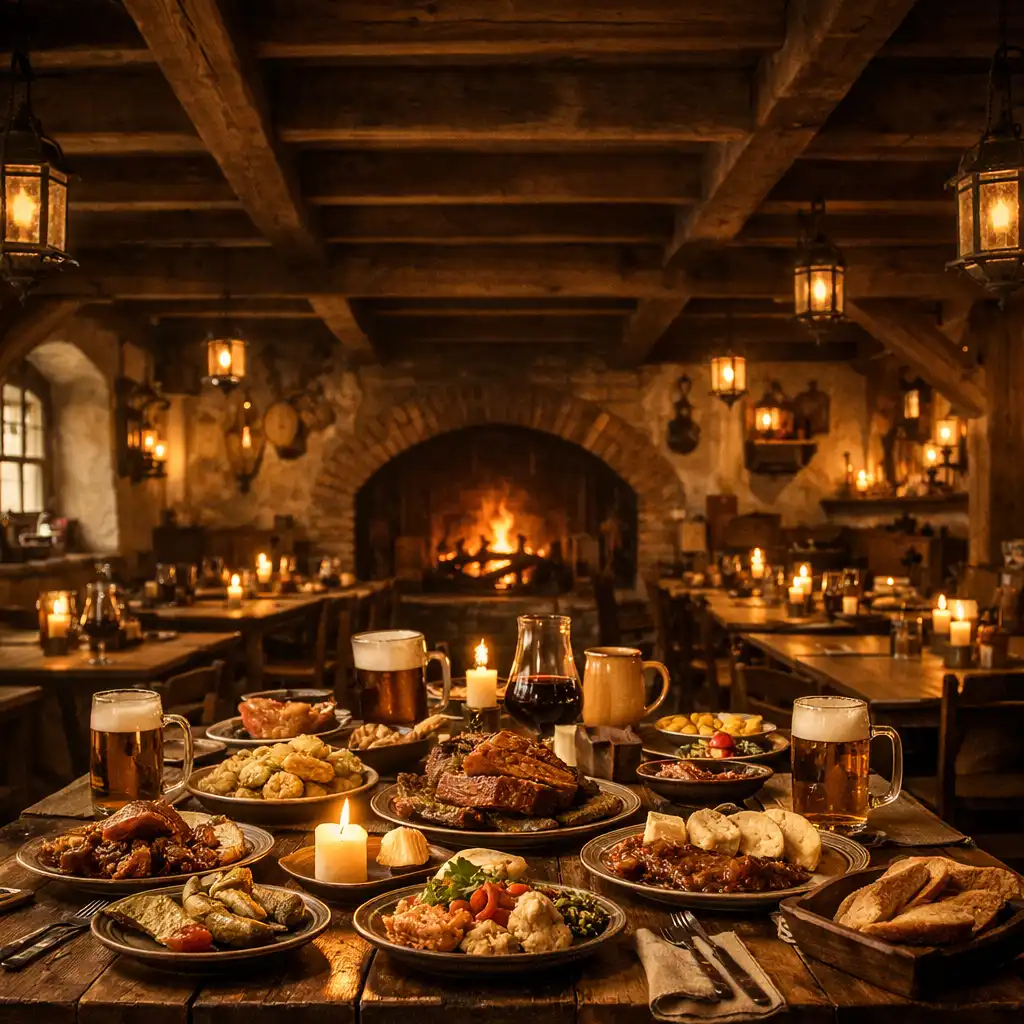 Interiér restaurace Hostinský Dvůr s teplým osvětlením a dlouhým společným stolem