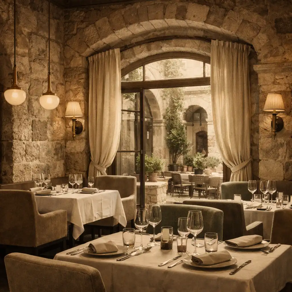 Interiér restaurace s kamennými zdmi a moderním nábytkem